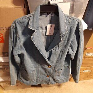 NEW! TheyLook WMN Button Down Denim Jacket Long Sleeve Big Pocket Jean Blazer M